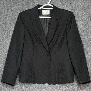 Le Suit Petite 10P Black Floral Patterned Blazer Scalloped Edges Business Jacket